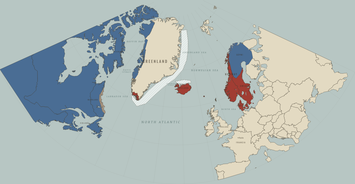 Map of the Norse North Atlantic around 1360: The Western Settlement found empty. Colours show Indigenous peoples of the North, Norse homelands & settlements, Abandoned Norse settlement.