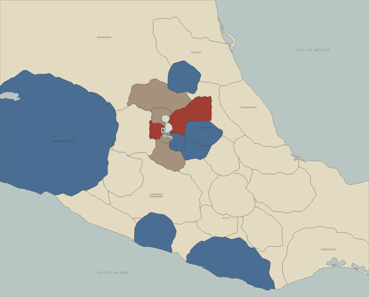 Map of the Aztec Empire around 1449: Nezahualcoyotl’s dike: the lagoon turns fresh. Colours show Independent of or opposed to the Triple Alliance, Triple Alliance core, Fresh or freshened lake water.