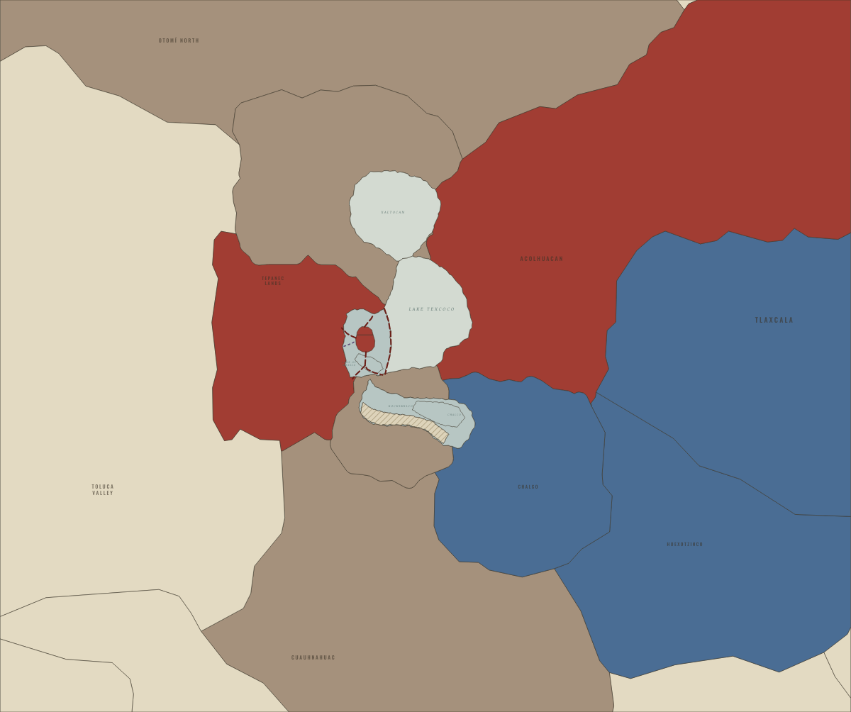 Map of the Basin of Mexico around 1449: Nezahualcoyotl’s dike: the lagoon turns fresh. Colours show Triple Alliance core, Fresh or freshened lake water, Tributary provinces of the Triple Alliance.