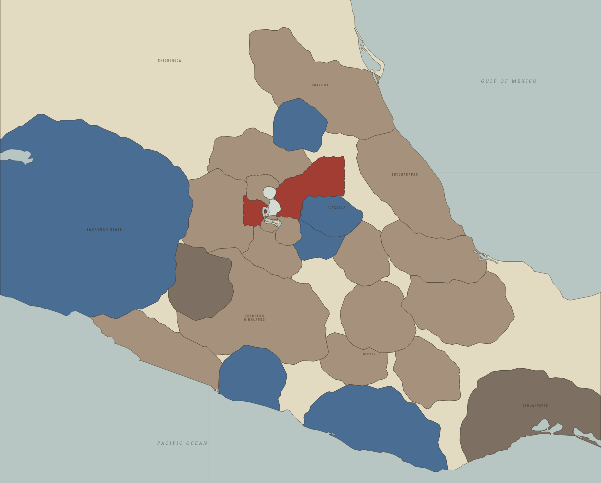 Map of the Aztec Empire around 1515: The empire at its height under Moctezuma II. Colours show Tributary provinces of the Triple Alliance, Independent of or opposed to the Triple Alliance, Triple Alliance core.