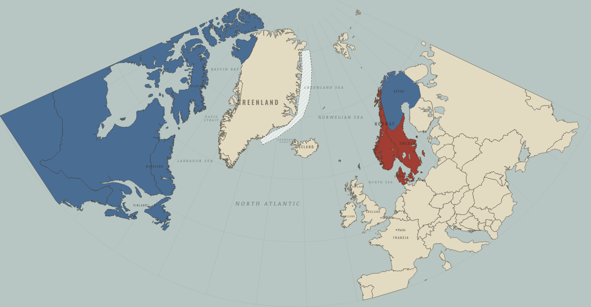 Map of the Norse North Atlantic around 790: Scandinavia on the eve of the Viking Age. Colours show Indigenous peoples of the North, Norse homelands & settlements.