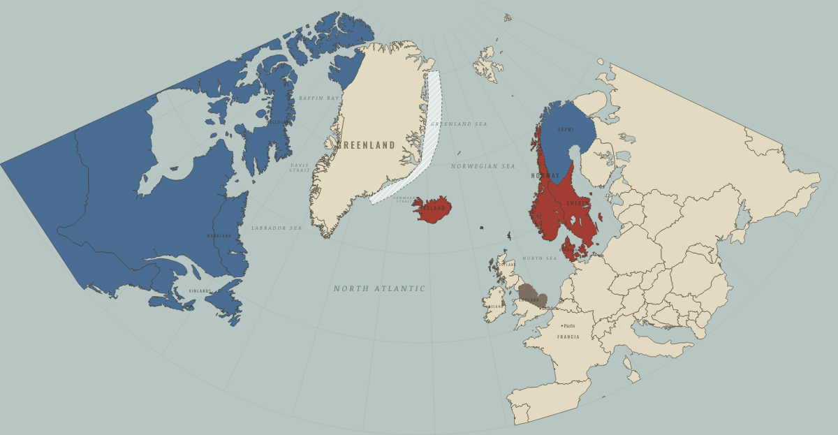 Map of the Norse North Atlantic around 886: The Danelaw; Iceland being settled. Colours show Indigenous peoples of the North, Norse homelands & settlements, Norse-ruled overseas lands.