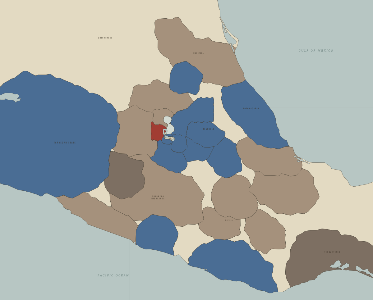 Map of the Aztec Empire in May–August 1521: The siege of Tenochtitlan. Colours show Independent of or opposed to the Triple Alliance, Tributary provinces of the Triple Alliance, Triple Alliance core.