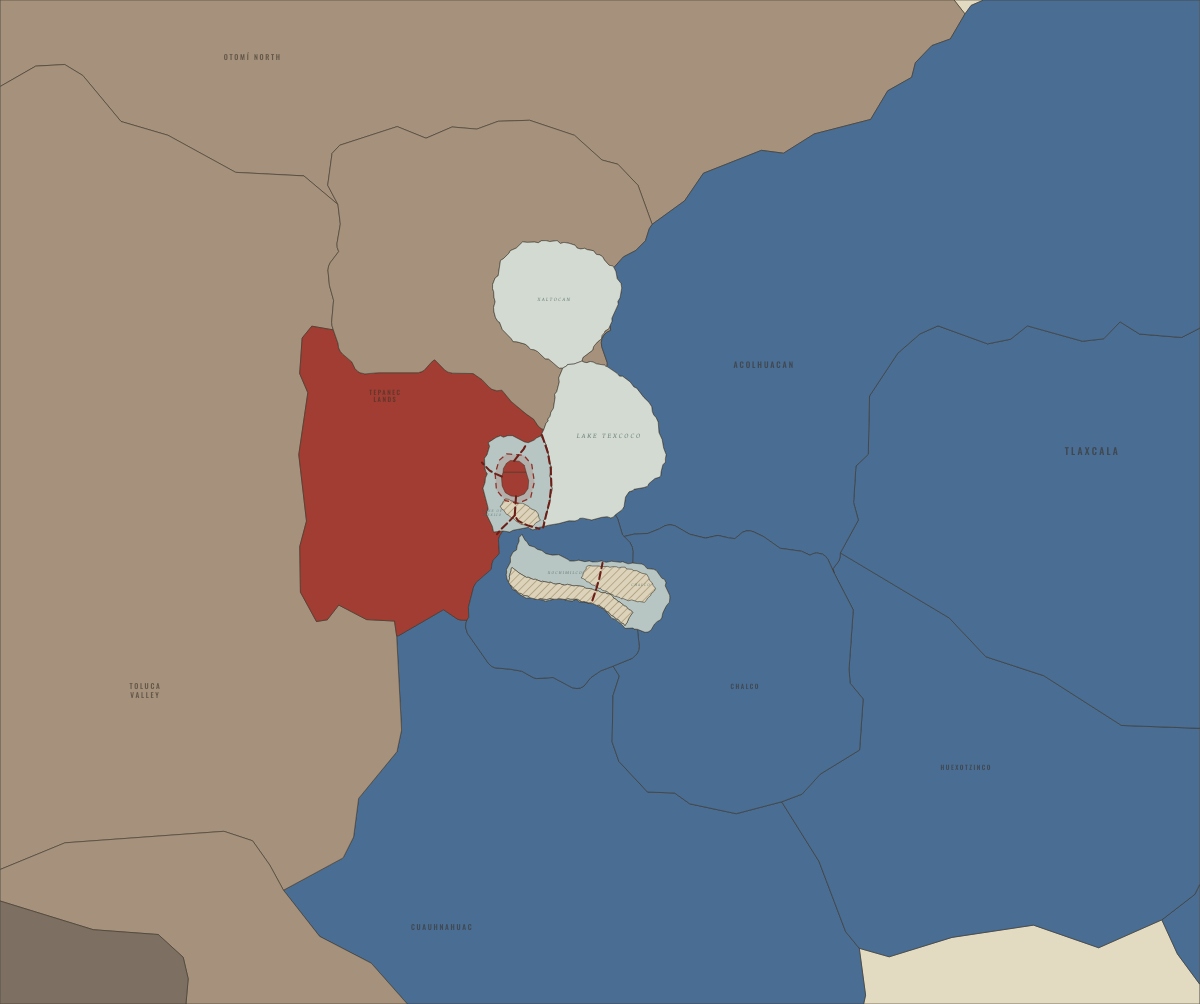 Map of the Basin of Mexico in May–August 1521: The siege of Tenochtitlan. Colours show Independent of or opposed to the Triple Alliance, Tributary provinces of the Triple Alliance, Triple Alliance core.