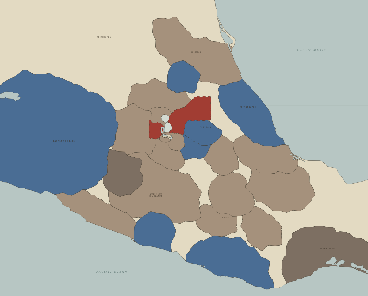 Map of the Aztec Empire in November 1519: The city the Spaniards saw. Colours show Tributary provinces of the Triple Alliance, Independent of or opposed to the Triple Alliance, Triple Alliance core.