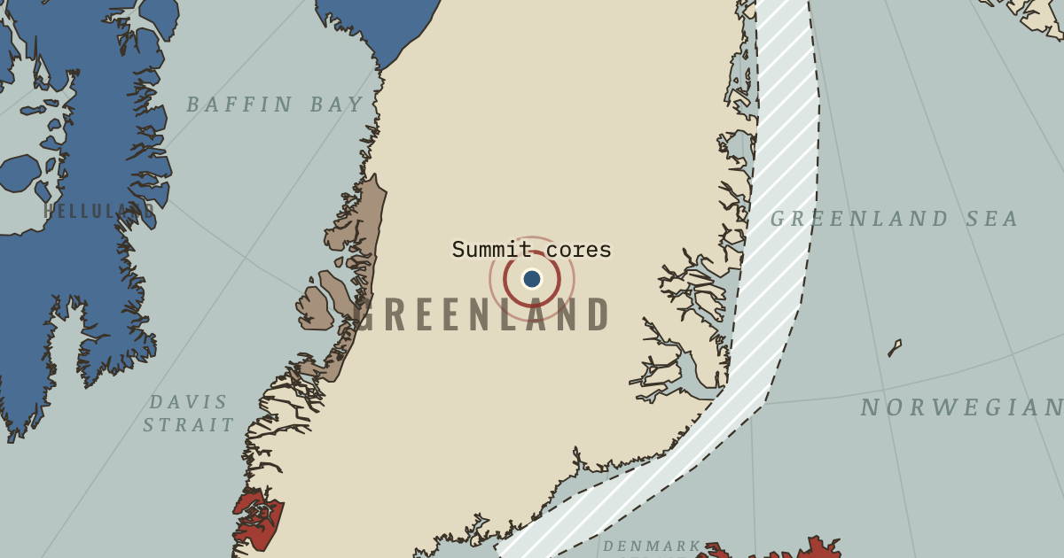Map showing Greenland ice cores (GISP2 and GRIP) (1989–93), turning point in Climate and Innovation: The Norse and the Aztecs, c. 790–1521