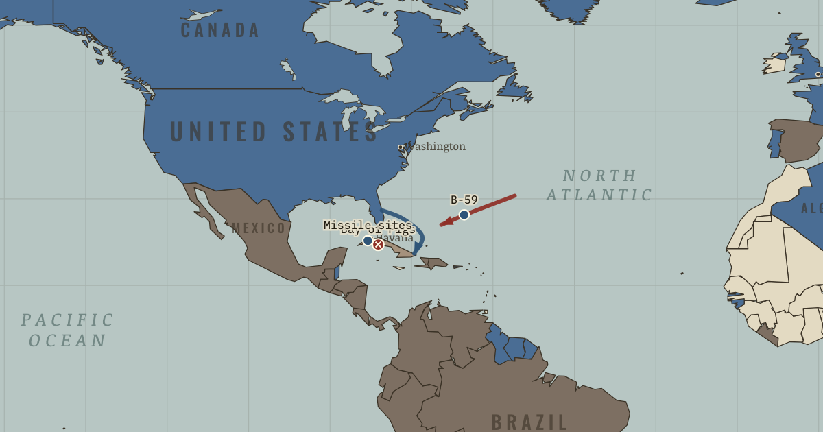 Map of Cuban Missile Crisis (Oct 1962): Bay of Pigs, The missile sites, Submarine B-59