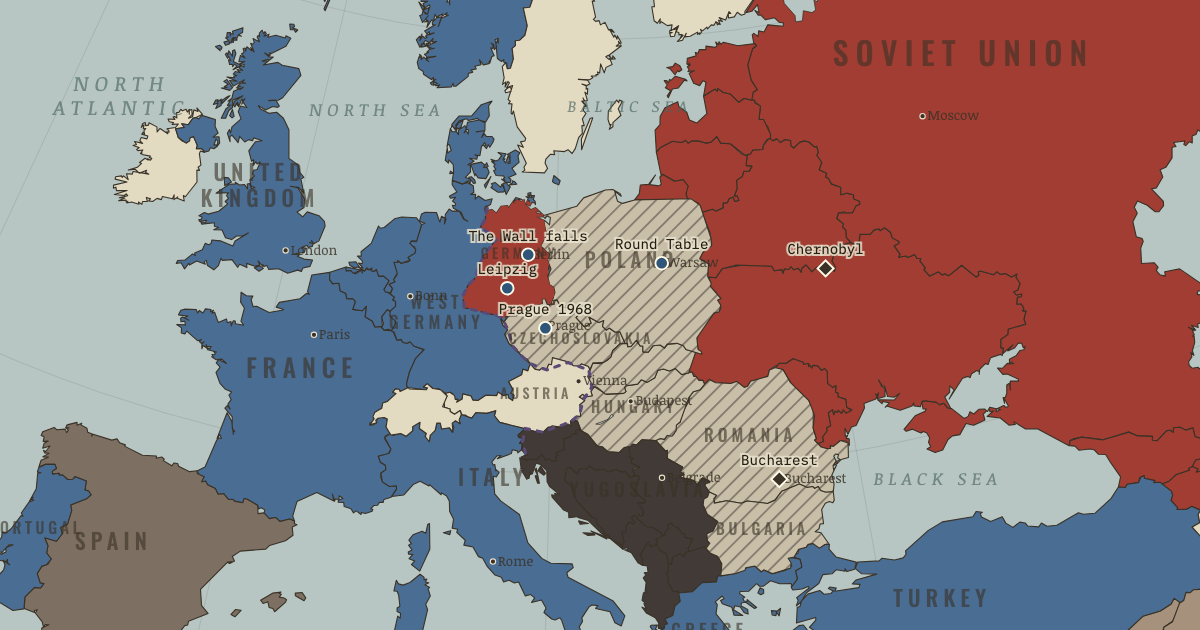 Map of Gorbachev and the 1989 revolutions (Nov 1989): Chernobyl, Reykjavík Summit, Prague Spring crushed, The Round Table, The Monday demonstrations