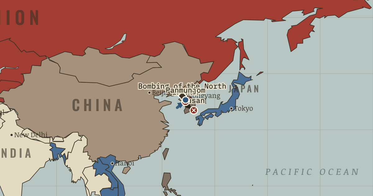 Map of Korean War (Aug 1953): Pusan Perimeter, Inchon landing, The bombing of the North, Armistice at Panmunjom