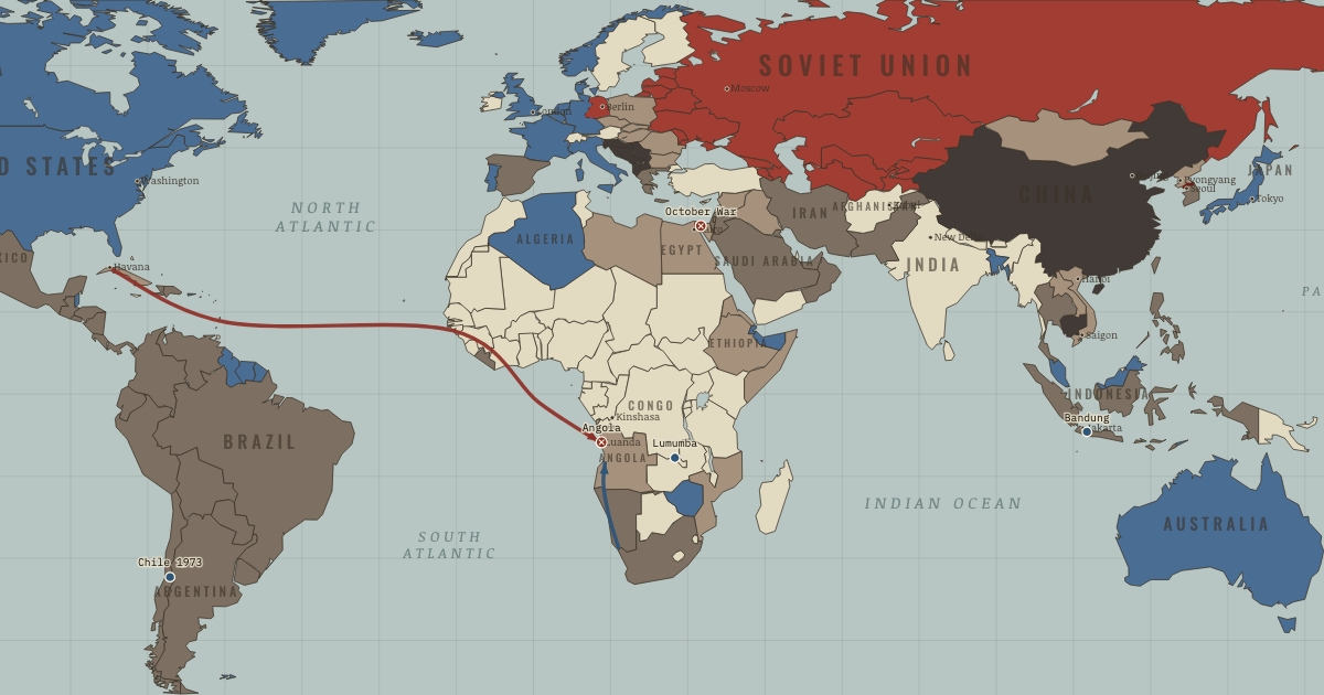 Map of Cold War in the Third World (Nov 1975): The Bandung Conference, The murder of Lumumba, The October War, The coup in Chile, Angola — war by proxy