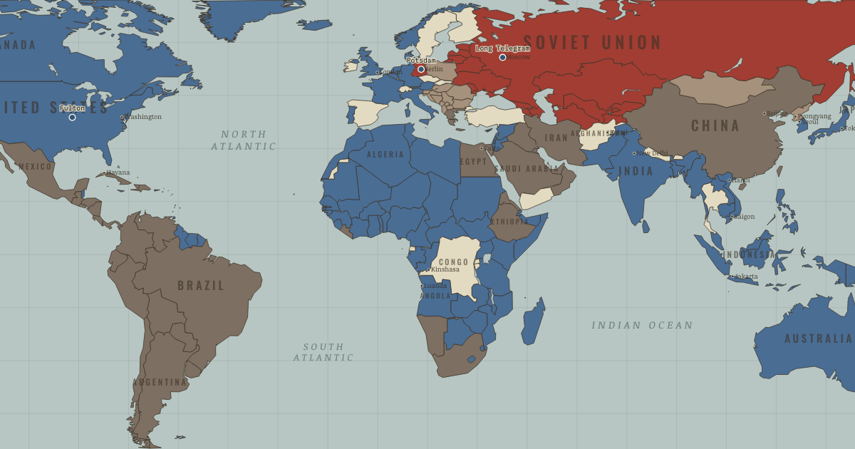 Map of Origins of the Cold War (Mar 1946): Potsdam Conference, The Long Telegram, “An iron curtain has descended”