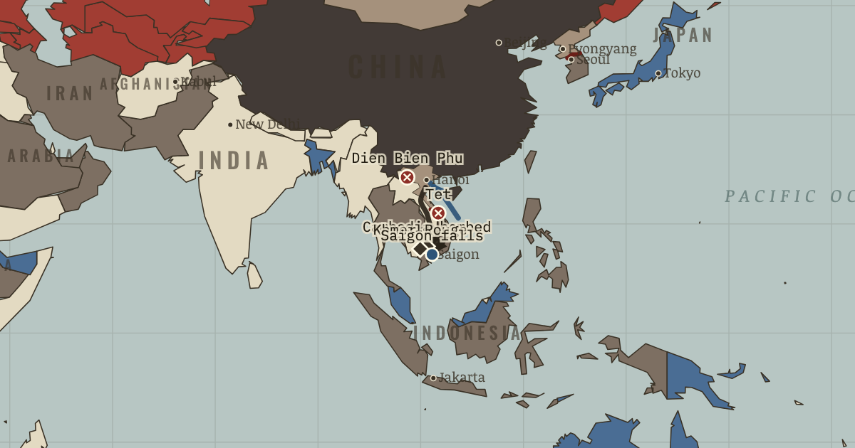 Map of Vietnam War (Aug 1968): Dien Bien Phu, The Tet Offensive, The bombing of Cambodia, The Khmer Rouge, The fall of Saigon