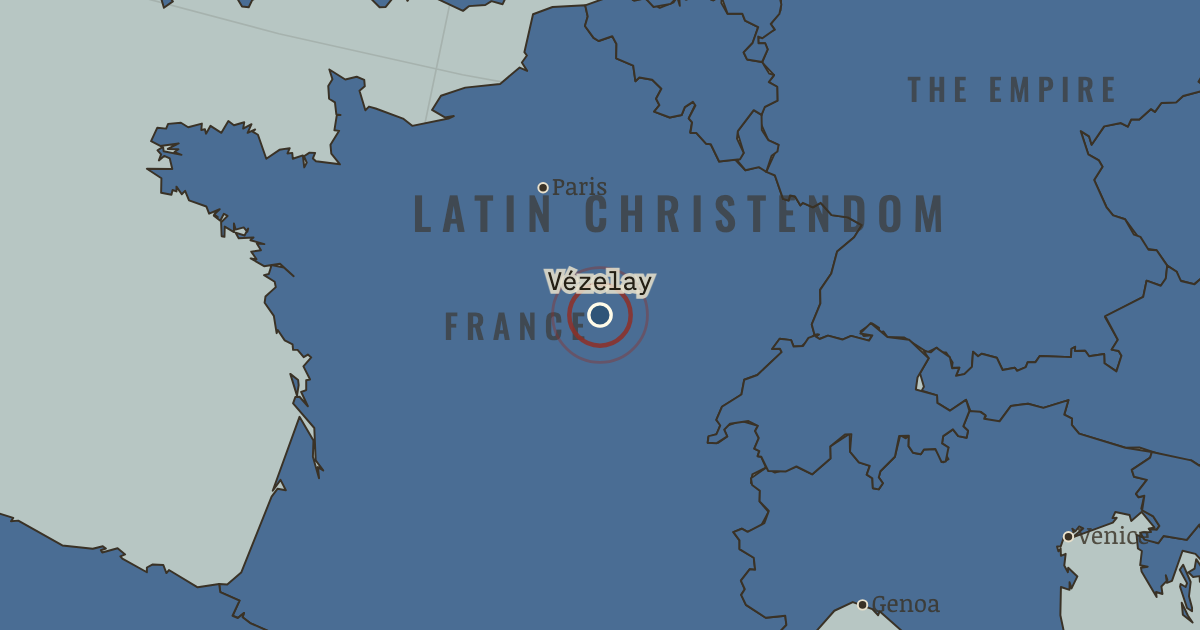 Map showing Bernard preaches the cross — The Crusades, 1095–1291