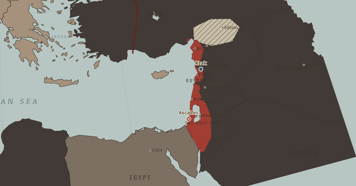 Map of Crusader states (Outremer) (1150): Krak des Chevaliers, The fall of Ascalon