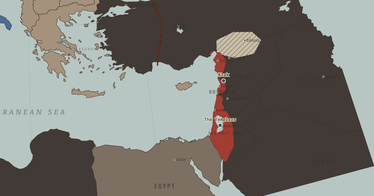Map of Knights Templar and Hospitallers (1150): The Temple of Solomon, Krak des Chevaliers