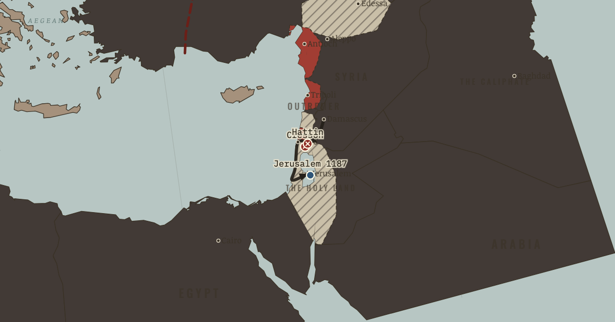 Map of Saladin and the fall of Jerusalem (1187): The Springs of Cresson, The Horns of Hattin, Saladin takes Jerusalem