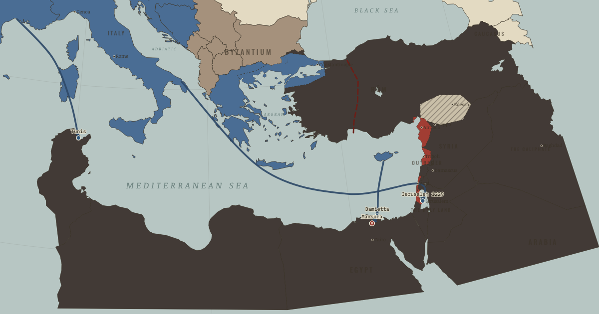 Map of Fifth to Eighth Crusades (1229): Damietta, Frederick’s Jerusalem, Mansura, Tunis