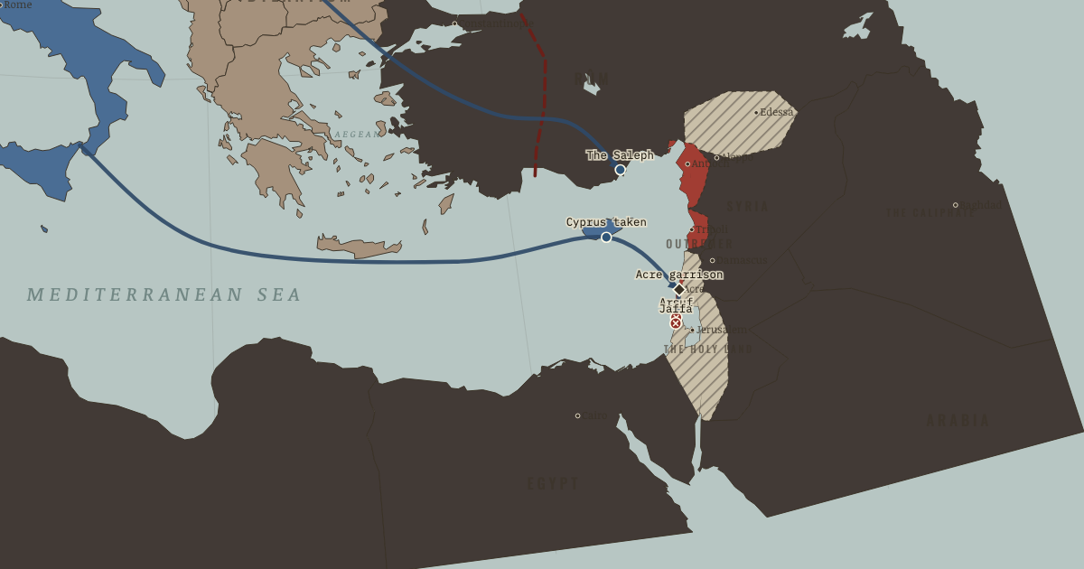 Map of Third Crusade (1191): The Saleph, Richard takes Cyprus, The Acre garrison, Arsuf, Jaffa