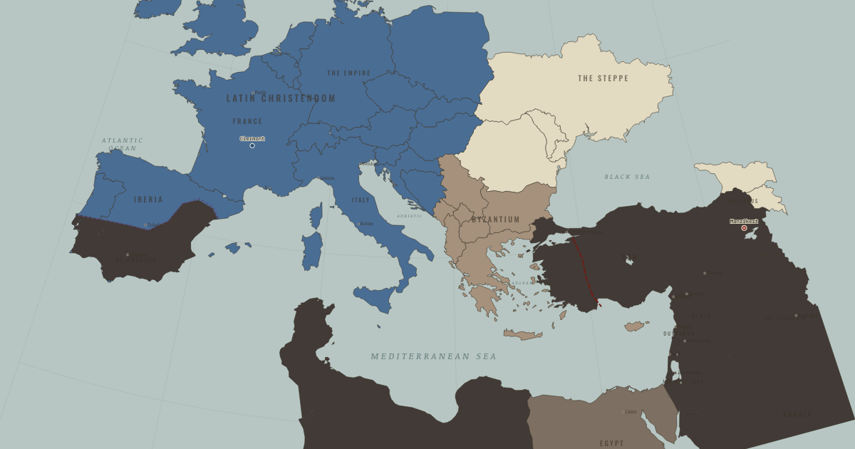 Map of Causes of the First Crusade (1095): Manzikert, The Council of Clermont