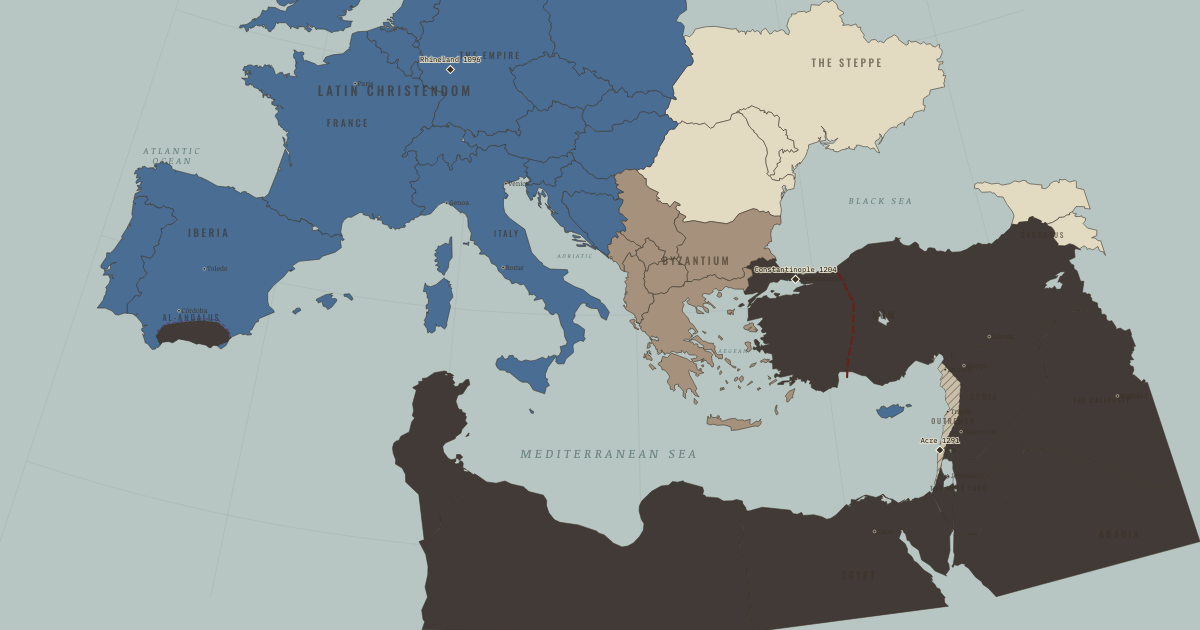 Map of Legacy of the Crusades (1291): The Rhineland massacres, The sack of Constantinople, The fall of Acre