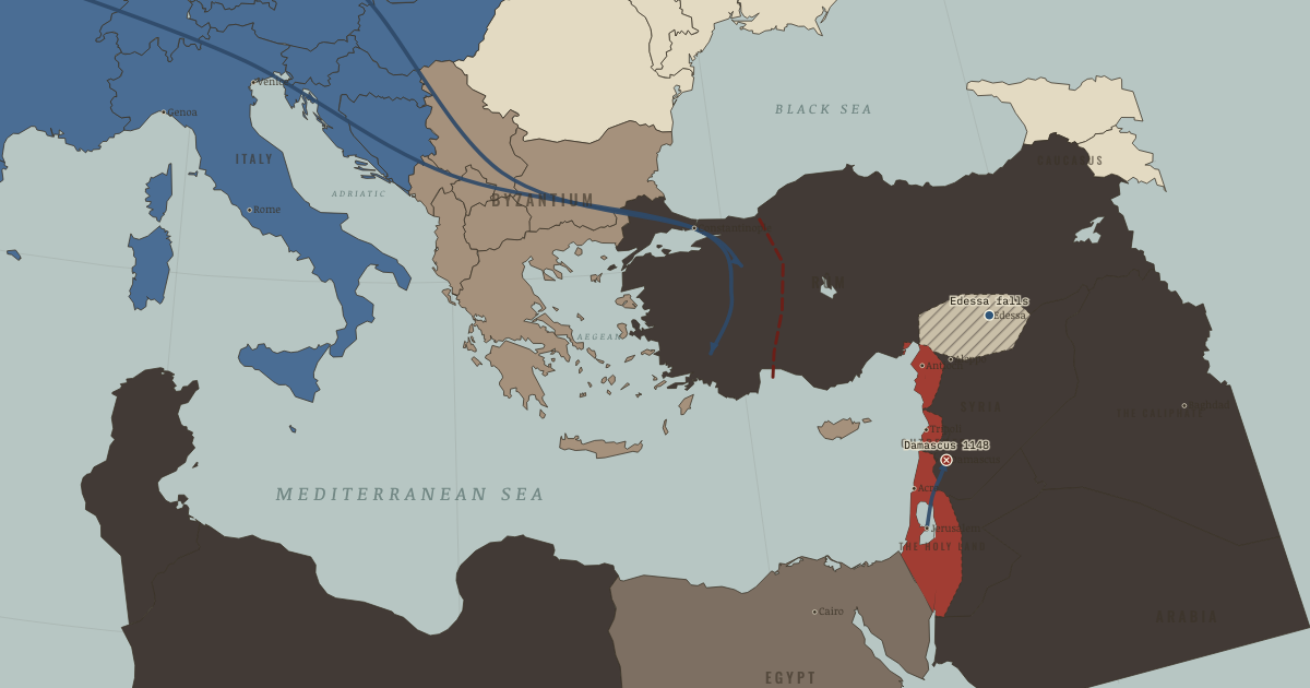 Map of Second Crusade (1147): Bernard preaches the cross, The fall of Edessa, The siege of Damascus