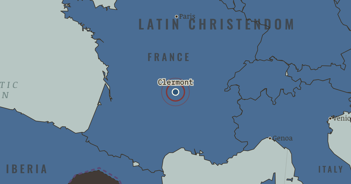 Map showing The Council of Clermont — The Crusades, 1095–1291