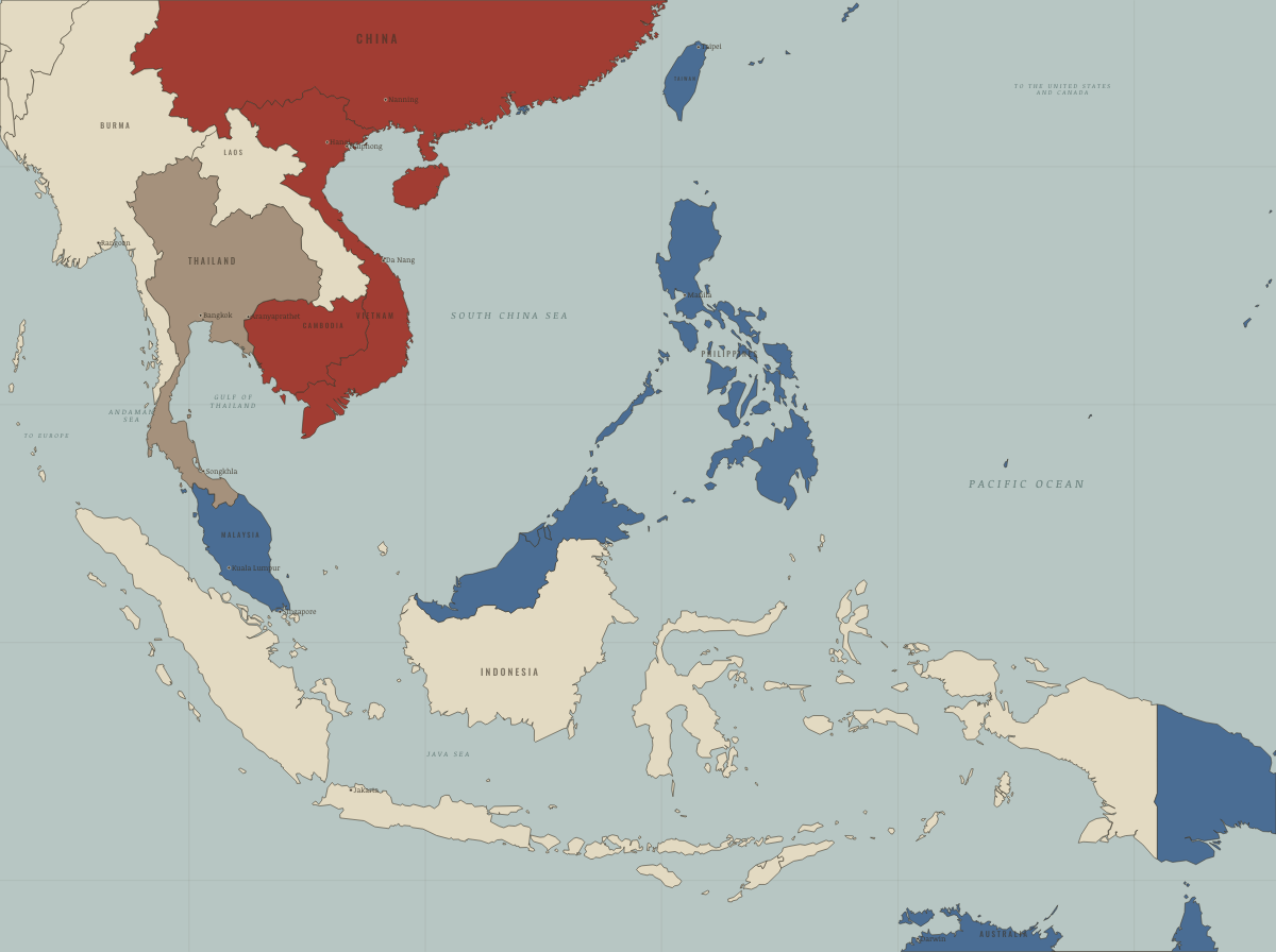 Map of refugees in Southeast Asia in April 1975: Phnom Penh and Saigon fall. Colours show Western bloc or democracy, Soviet-occupied or communist, First asylum open.