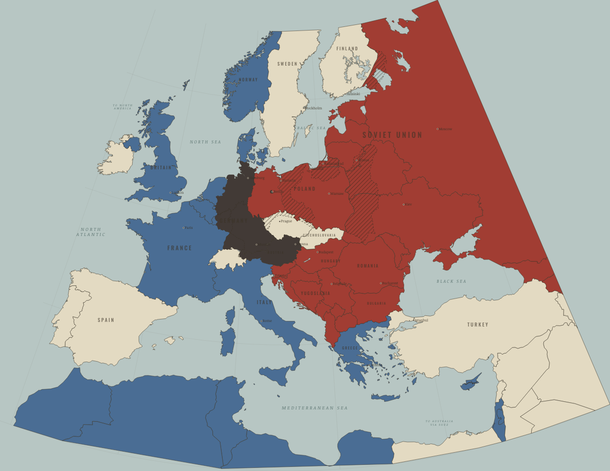 Map of refugees in Europe in August 1945: Potsdam: borders move west. Colours show Soviet-occupied or communist, Western bloc or democracy, Germany and Austria occupied.