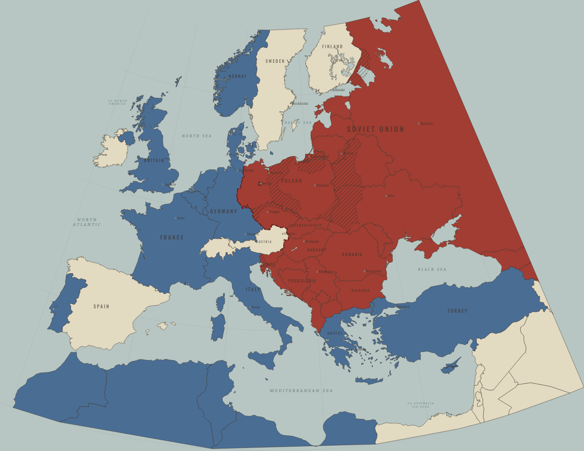 Map of refugees in Europe in August 1961: The Berlin Wall. Colours show Soviet-occupied or communist, Western bloc or democracy.