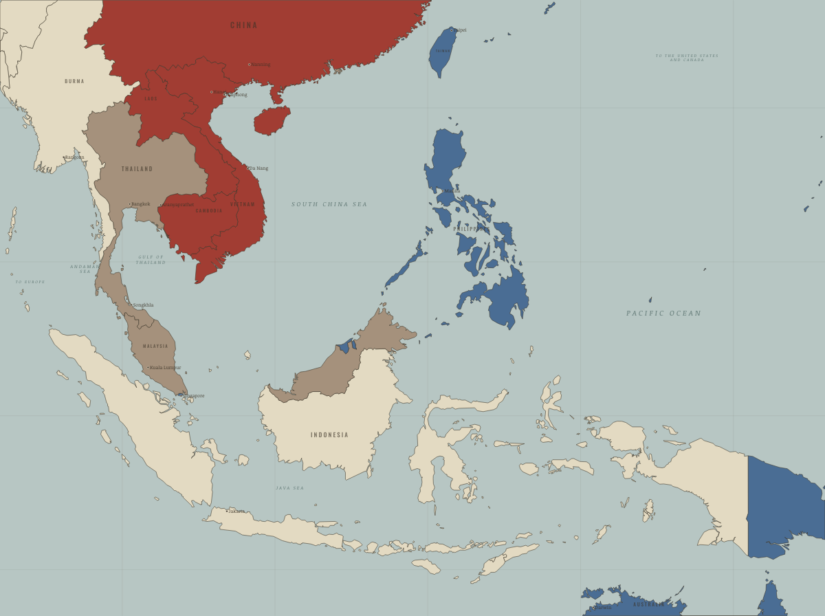 Map of refugees in Southeast Asia in December 1975: Laos turns communist. Colours show Western bloc or democracy, Soviet-occupied or communist, First asylum open.
