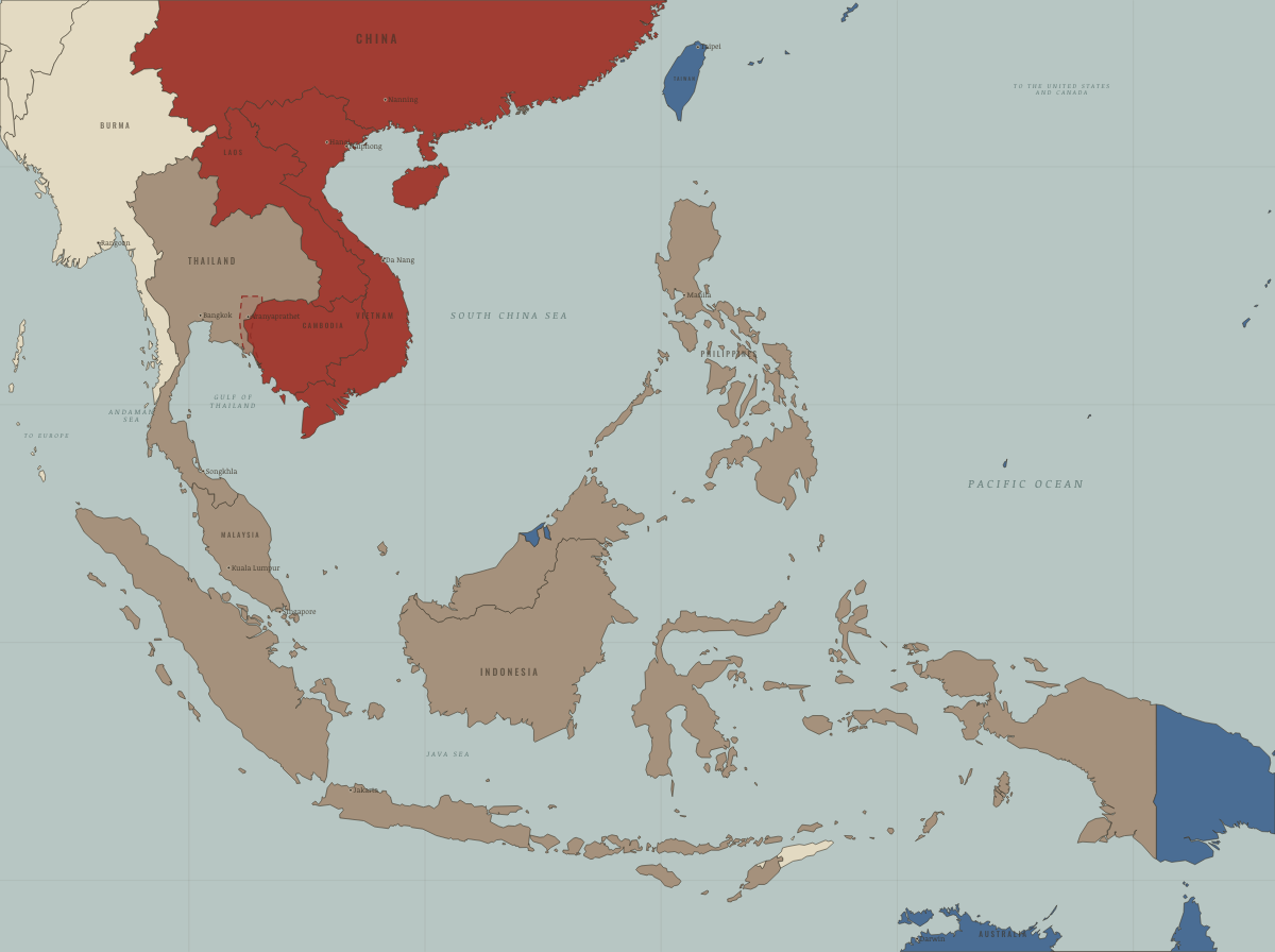 Map of refugees in Southeast Asia in December 1989: Hong Kong’s first forced returns. Colours show Western bloc or democracy, First asylum open, Soviet-occupied or communist.