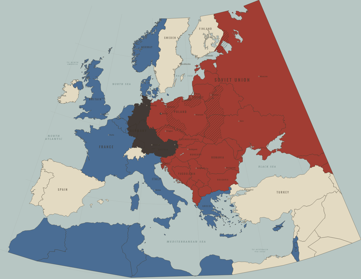 Map of refugees in Europe in February 1948: Communists take Prague. Colours show Soviet-occupied or communist, Western bloc or democracy, Germany and Austria occupied.