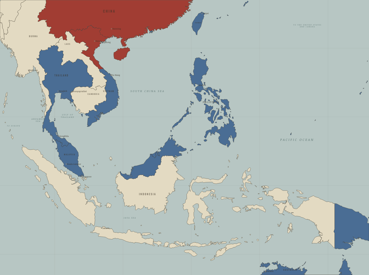 Map of refugees in Southeast Asia in July 1954: Geneva divides Vietnam. Colours show Western bloc or democracy, Soviet-occupied or communist.