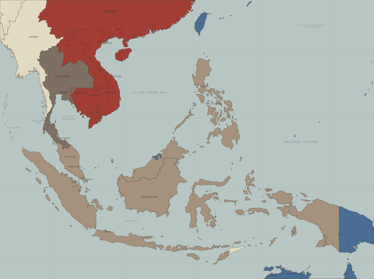 Map of refugees in Southeast Asia in July 1982: Hong Kong closes its camps. Colours show Western bloc or democracy, Soviet-occupied or communist, First asylum restricted.