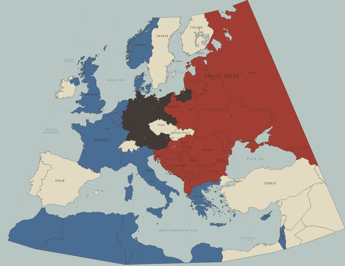 Map of refugees in Europe in May 1945: The Reich surrenders. Colours show Soviet-occupied or communist, Western bloc or democracy, Germany and Austria occupied.