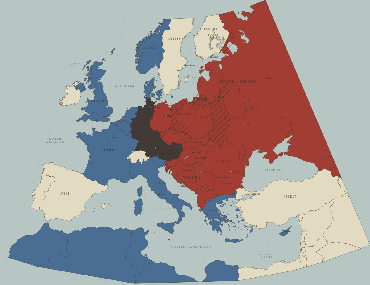Map of refugees in Europe in May 1948: Israel; the Palestinian exodus. Colours show Soviet-occupied or communist, Western bloc or democracy, Germany and Austria occupied.