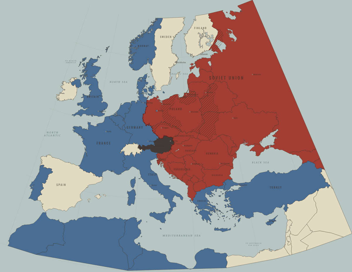 Map of refugees in Europe in May 1952: The inner-German border sealed. Colours show Soviet-occupied or communist, Western bloc or democracy, Germany and Austria occupied.