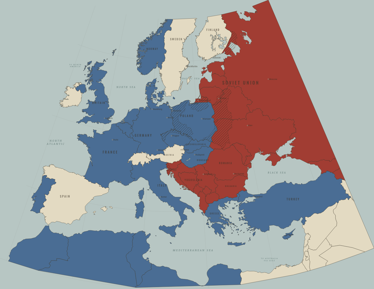 Map of refugees in Europe in November 1990: Germany united; border fixed. Colours show Western bloc or democracy, Soviet-occupied or communist.
