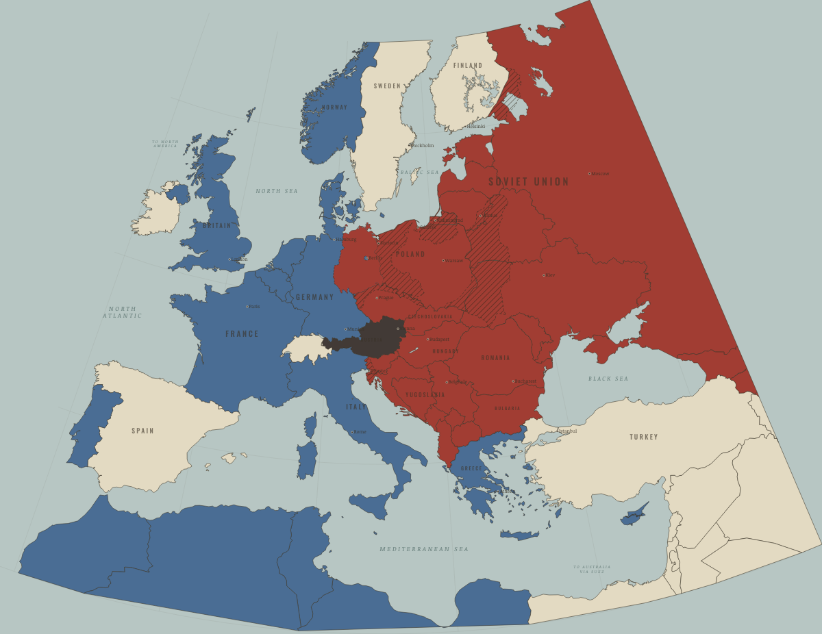 Map of refugees in Europe in October 1949: Two German states. Colours show Soviet-occupied or communist, Western bloc or democracy, Germany and Austria occupied.