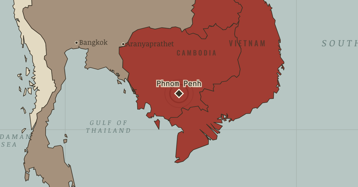 Map showing Forced evacuation of Phnom Penh (1975), site of memory in Uprooted: Refugees in Europe 1945–1960 and Indochina 1975–1990