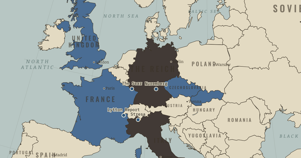 Map of Hitler’s rise and German rearmament (1935): The Lytton Report, The Saar returns, The Stresa Front, The Nuremberg rallies