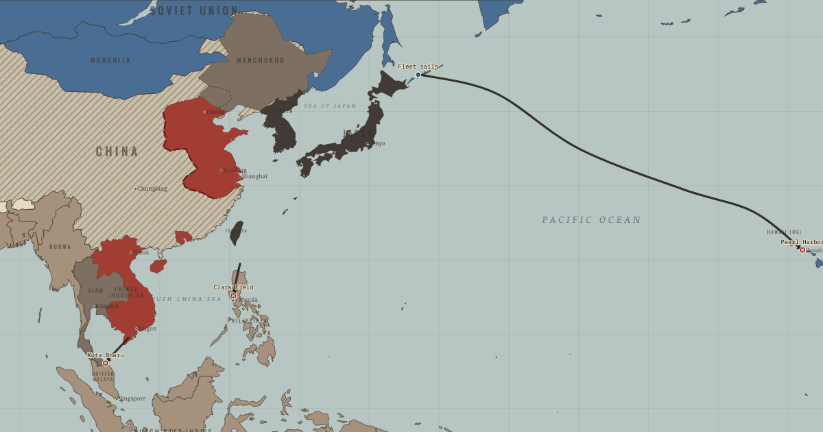 Map of Pearl Harbor and US entry into WW2 (1941): The fleet sails, Pearl Harbor, The Kota Bharu landings, Clark Field