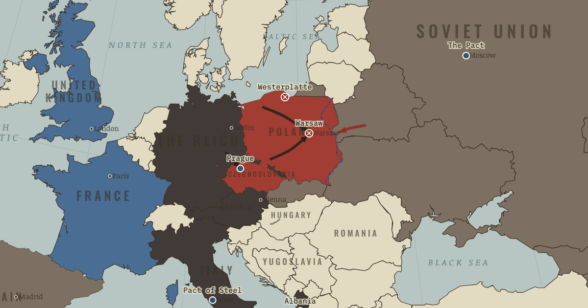 Map of Outbreak of WW2 in Europe (1939): The march into Prague, Italy seizes Albania, The Pact of Steel, The Molotov–Ribbentrop Pact, Westerplatte