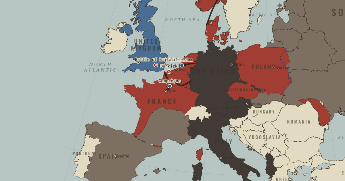 Map of Phoney War and the fall of France (1940): The Winter War, The bombing of Rotterdam, Dunkirk, The armistice at Compiègne, Mers-el-Kébir
