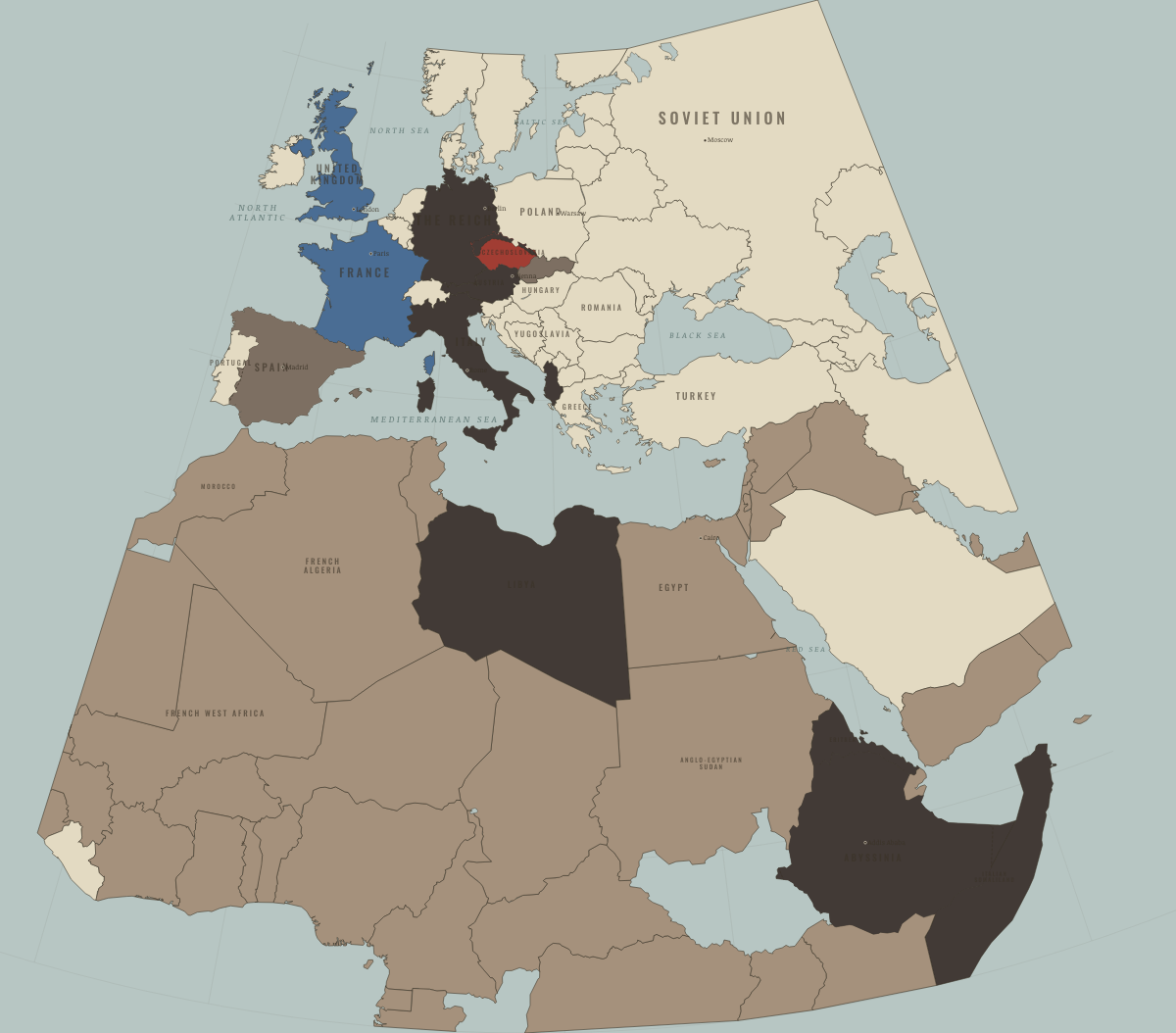 Map of Europe on the road to war in MAR–APR 1939: Prague swallowed; Spain and Albania fall
