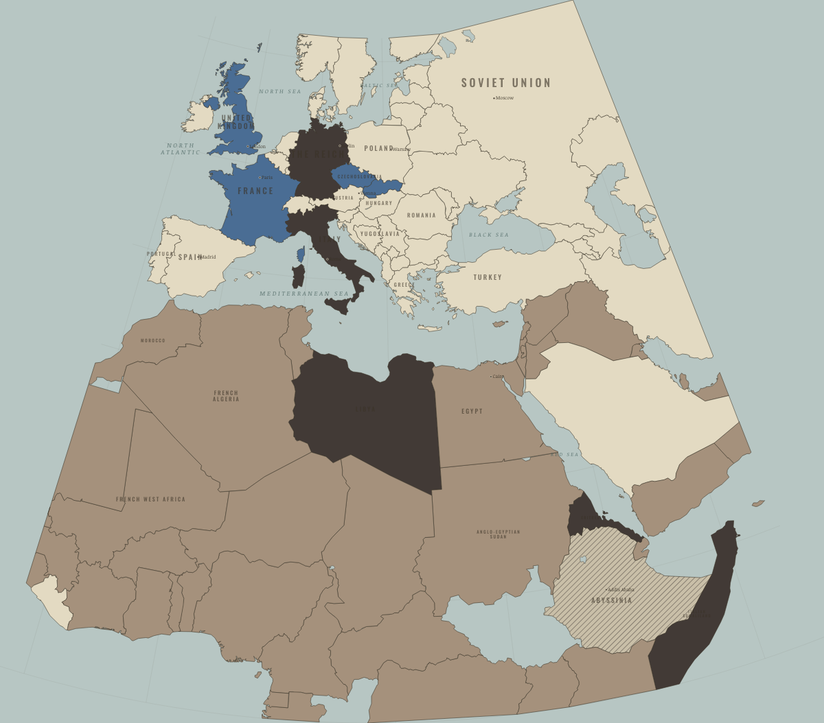 Map of Europe on the road to war in OCT 1935: Italy invades Abyssinia