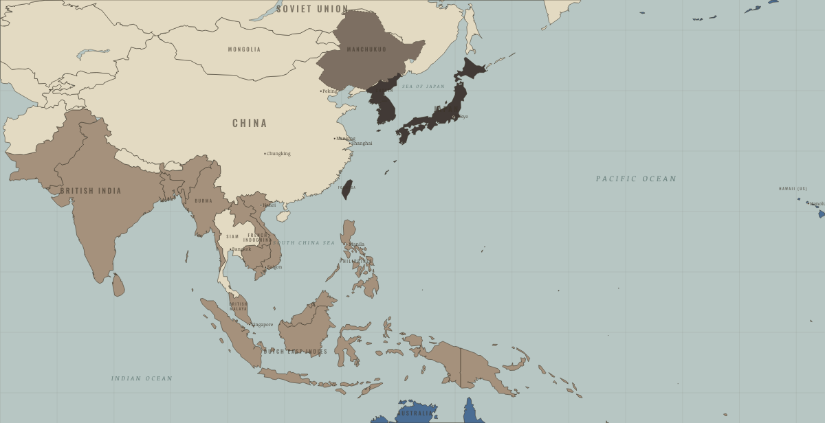Map of Asia and the Pacific on the road to war in SEP 1931: Mukden — Manchuria seized