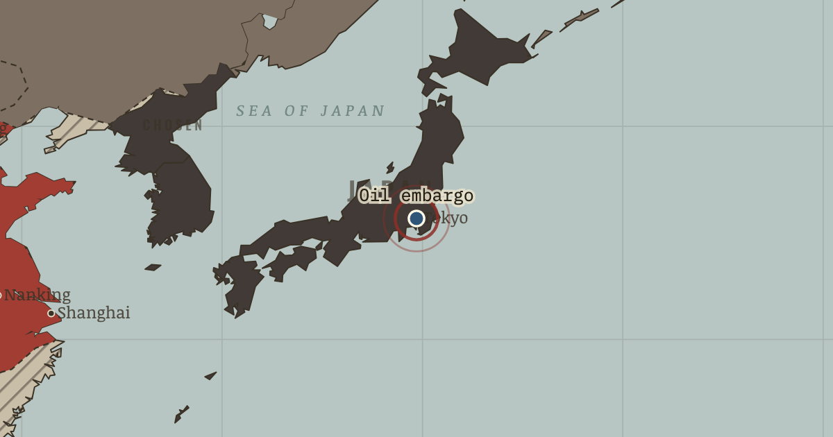 Map showing The oil embargo reaches Tokyo — The Road to War, 1931–1941