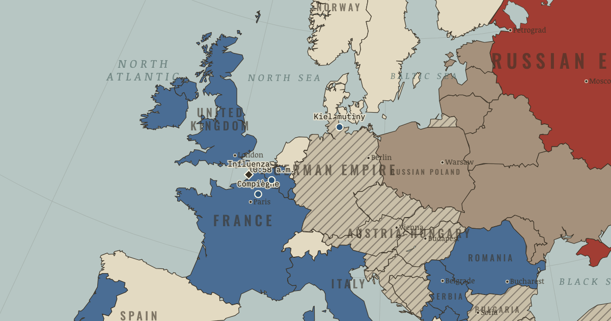 Map of Armistice and the end of WWI (Nov 1918): The Kiel mutiny, The railway carriage, 10:58 a.m., The influenza pandemic
