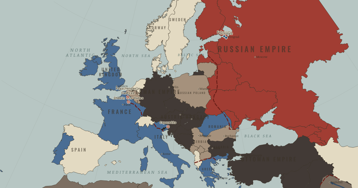 Map of WWI in 1917, the year of crisis (Nov 1917): February Revolution, October Revolution, The Nivelle Offensive, Passchendaele, Caporetto